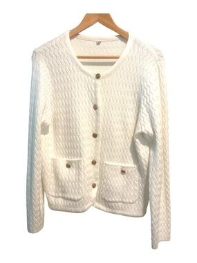 Ivory Cream Chevron Knit Textured Cardigan Crest Golden Buttons Preppy M Coastal